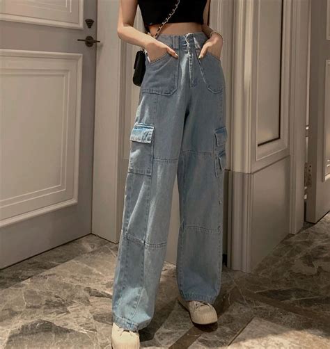 Vintage Wide Leg Woman Jeans High Waisted Jeans Blue Casual Long