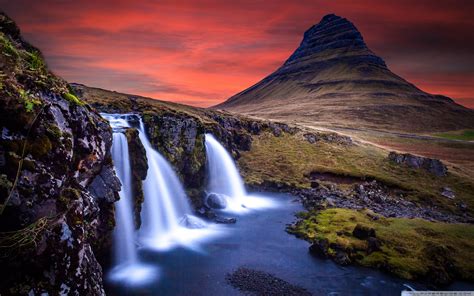 Sunset Kirkjufellsfoss Waterfall Kirkjufell Iceland Ultra Hd Desktop