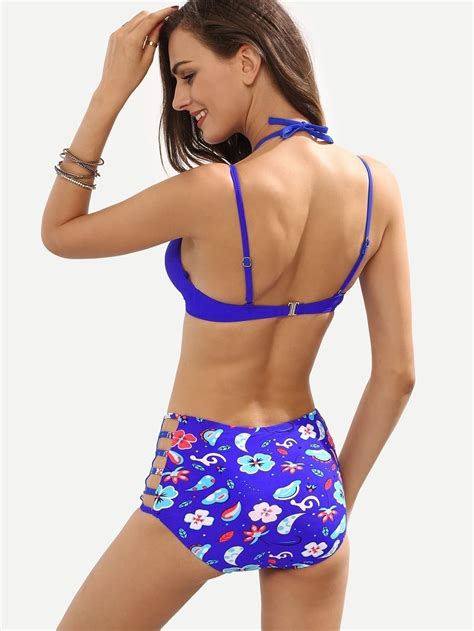 Strappy Flower Print Mix And Match Bikini Set Blue Sheinsheinside
