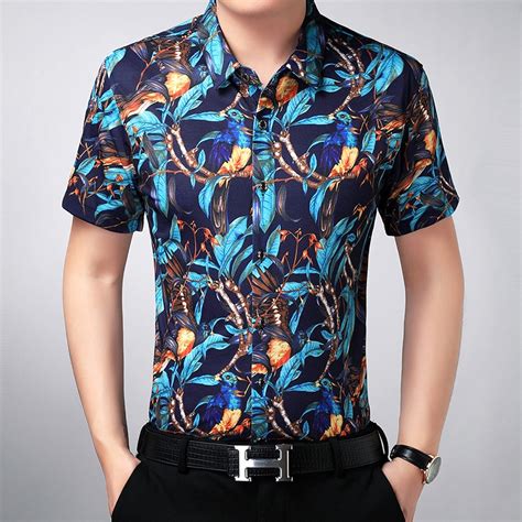 2018 Summer Mens Flower Shirt Short Sleeve Floral Shirt Casual Slim Fit