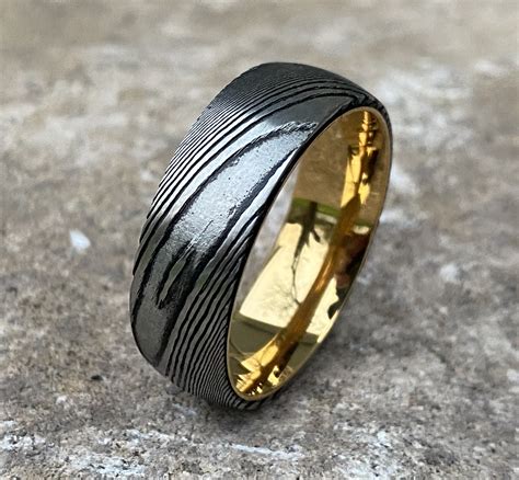 Damascus Steel Rings 14k Gold Dome Style Wedding Engagement Ring