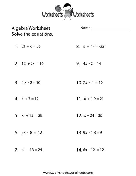 Simple Algebraic Equations Worksheets