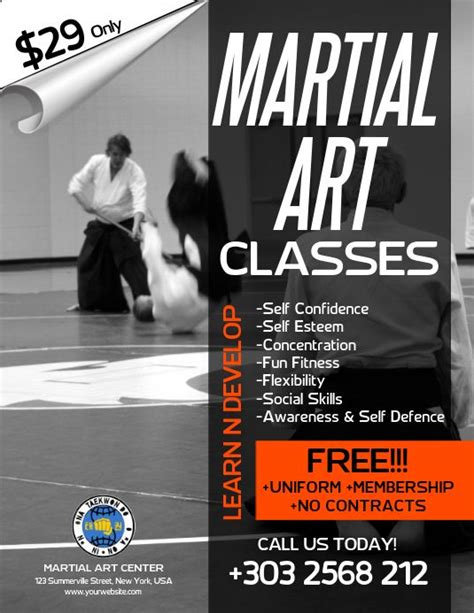 An Advertisement For Martial Art Classes Featuring Two Men In Black And White Uniforms On The Floor