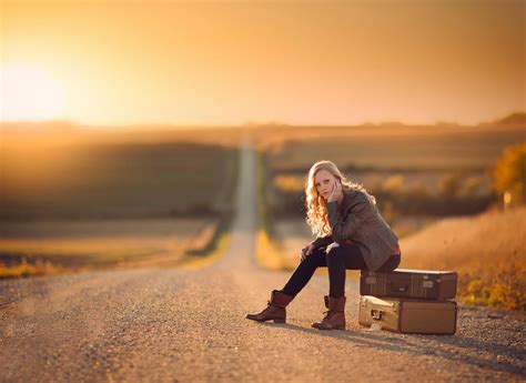 Road Sunlight Blonde 1080p Depth Of Field Suitcase Sitting Jake