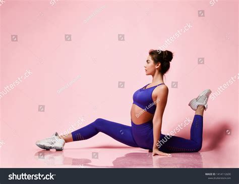 Sporty Slim Brunette Fitness Woman Blue Stock Photo
