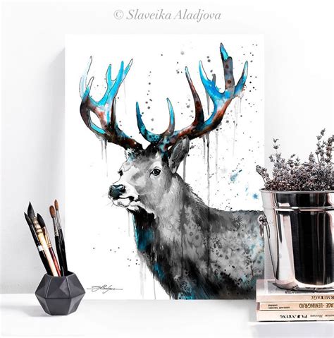 Black And White Deer Watercolor Painting Print By Slaveika Etsy