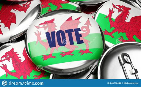 Vote In Wales National Flag Of Wales On Dozens Of Pinback Buttons Symbolizing Upcoming Vote In