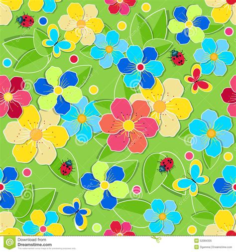 Bright Seamless Pattern With Leaves Flowers Butterflies