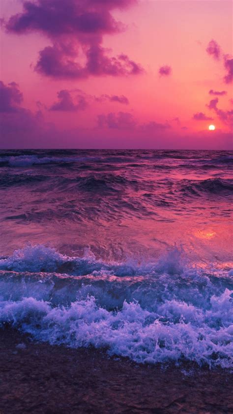 Pink Sunset Sea Waves Beach X Wallpaper Sunset Wallpaper