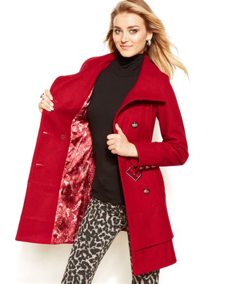 Lyst Guess Tiered Hem Belted Wool Coat In Red