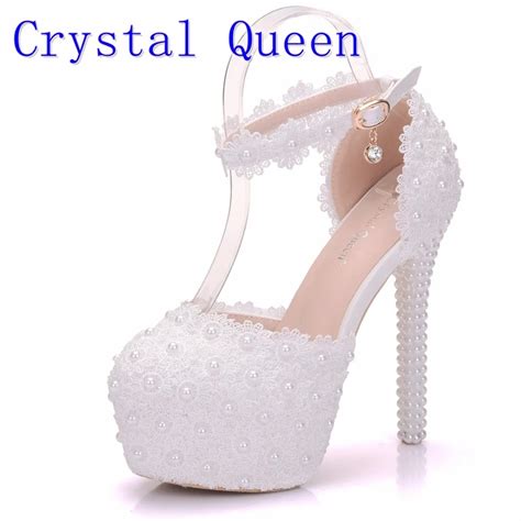 Crystal Queen White Lace Flower Bridal Shoes 14cm High Heel Round Toe