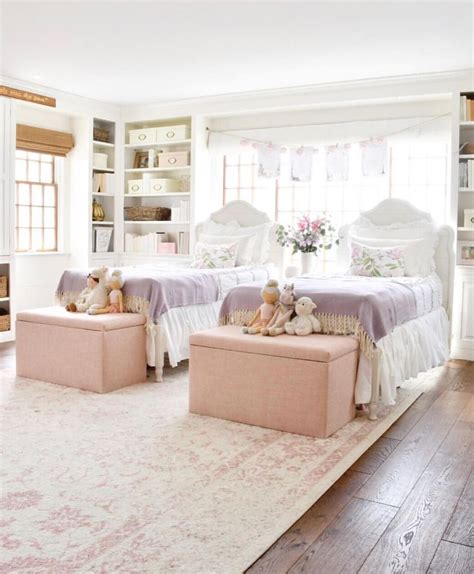 The softest purple can tint the walls, while the lovely purple bed, window treatments, bench, and light purple is good for bedroom. Soft pink and purple little girl bedroom decor | Shared ...