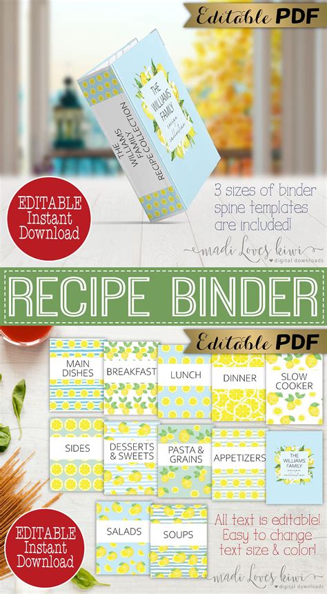 Editable Recipe Book Template Printable Lemon Binder Cover Etsy In