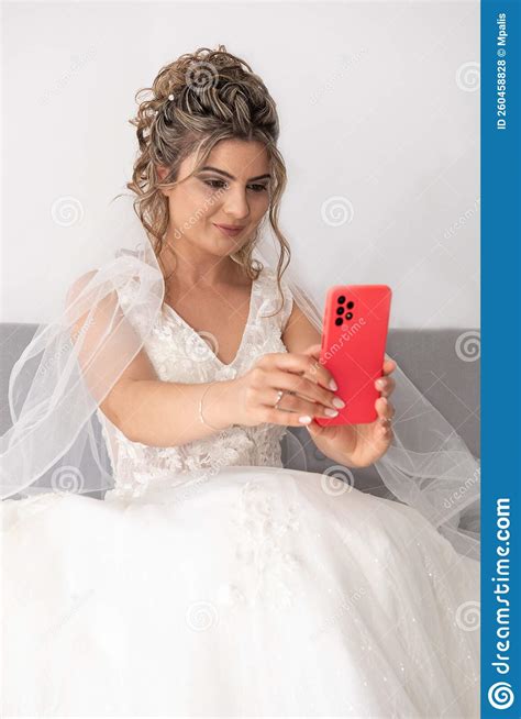Beautiful Bride Taking Selfie Self Portrait With Mobile Phone Stock
