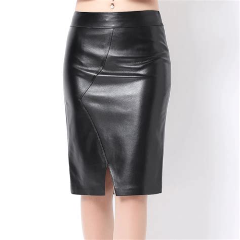women soft genuine leather skirt high waist slim hip pencil skirts vent vintage bodycon ol midi