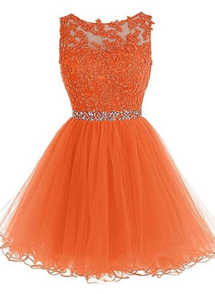 Round Neckline Orange Tulle Beaded Homecoming Dress Short Party Dress