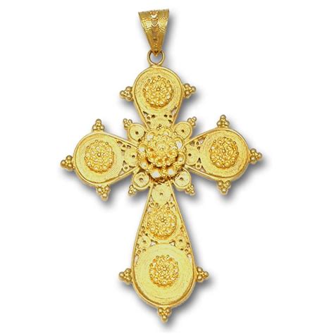 18k Solid Gold Ornate Filigree Budded Cross Pendant Axlarge