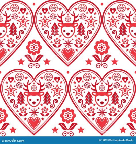 Christmas Scandinavian Vector Heart Seamless Pattern Folk Art Style
