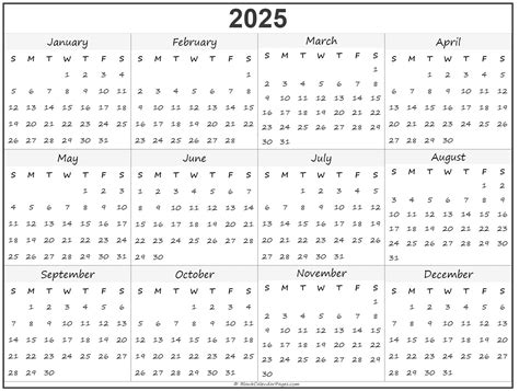 2025 Year Calendar Yearly Printable