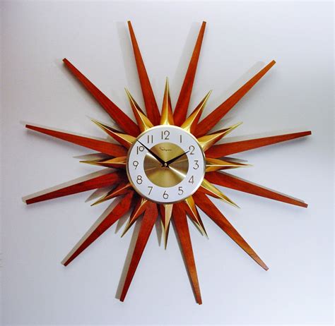 Mid Century Modern Starburst Wall Clock Teak Brass Sunburst