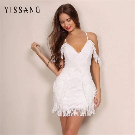 Yissang Fashion V Neck Sexy White Tassel Dresses Women Summer Sleeveless Sexy Dress White Short
