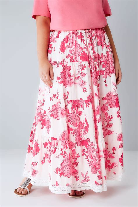 Floral white lace pattern on a pink background. Pink & White Floral Print Tiered Maxi Skirt With Lace Trim ...