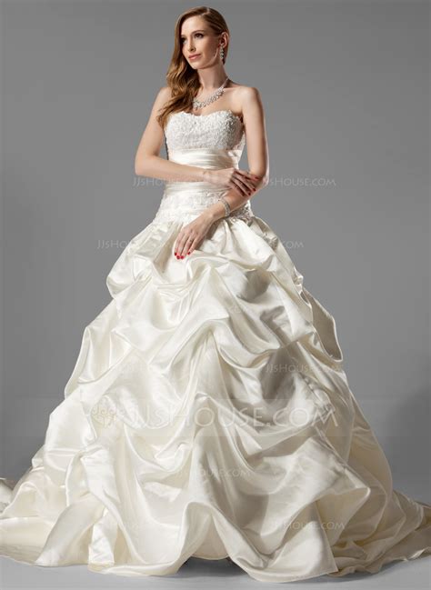 A combination of refined and alluring, this romantic allover lace wedding gown is perfect for brides who want to stand out from the crowd. Ball-Gown Sweetheart Chapel Train Satin Wedding Dress With ...