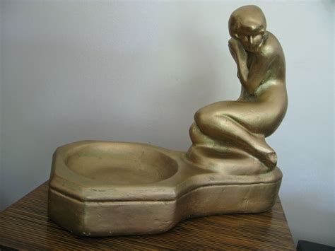 Antique Art Deco Gold Chalkware Nude Woman Soap Dish Card Tray Statue 7