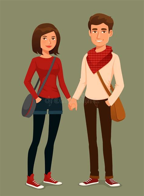 Cute Cartoon Couple Young People In Love Holding Hands Stock Vector Illustration Of Girl