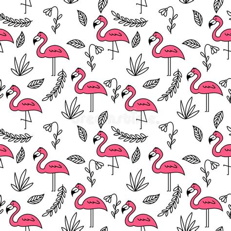 Pink Flamingos And Floral Elements Seamless Pattern Stock Vector