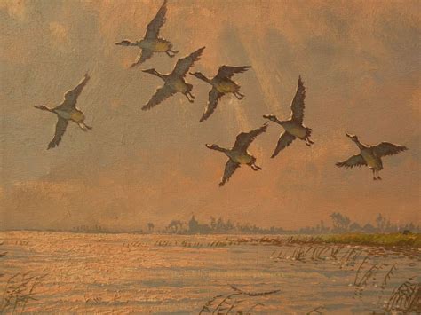 Signed Large Impressionist Painting Ducks Flying Over A Marsh