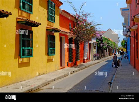 Colorful Street Old Cartegena Colombia South America Walled City Stock