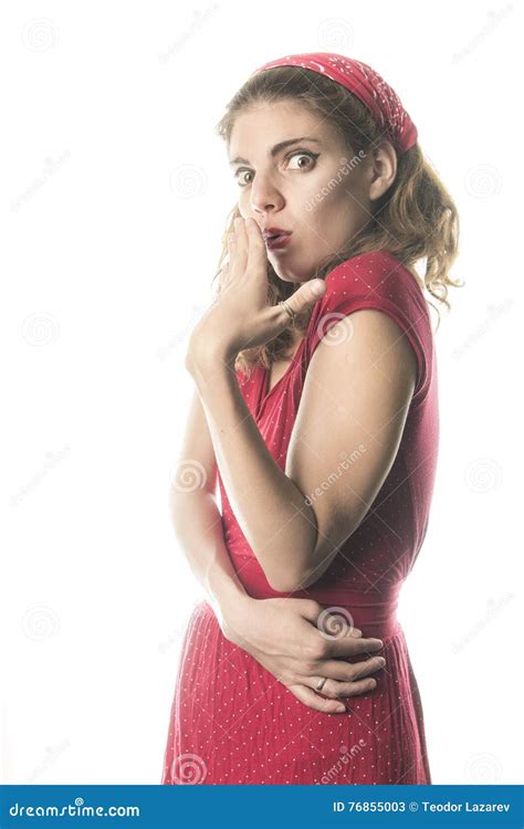 Surprised Pin Up Girl In Red Stock Image Image Of Aback Beautiful 76855003