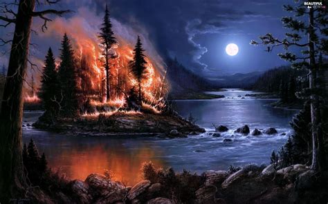 1920x1200 Big Fire River Night Moon Forest Night Wallpaper