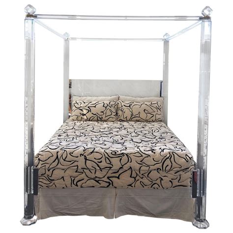 Fantasy four poster brass bed with yellow scalloped canopy and blown glass cut crystal finials. Clear Lucite and Brass King Size Canopy Bed For Sale at ...