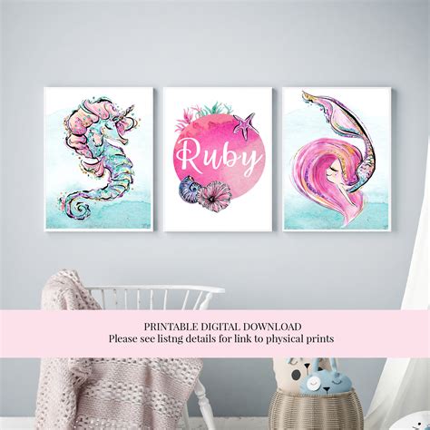 Mermaid Wall Art Girls Room Decor Monogram Printable Nursery Print