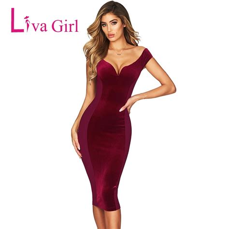 Liva Girl Sexy Off Shoulder Bodycon Midi Party Dresses Elegant Women V