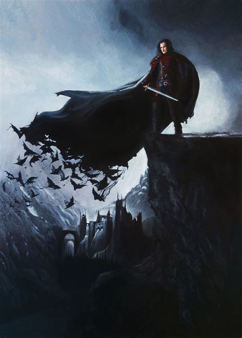 A Painting Of A Man Standing On Top Of A Mountain With Bats Flying