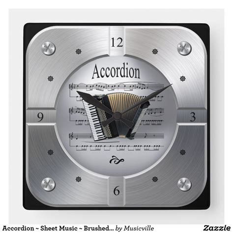 Accordion Sheet Music Brushed Silver Color Square Wall Clock