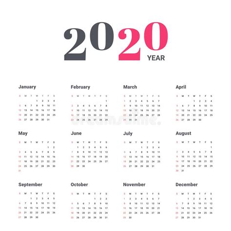 Calendar 2020 Week Starts On Sunday Stock Vector Illustration Of