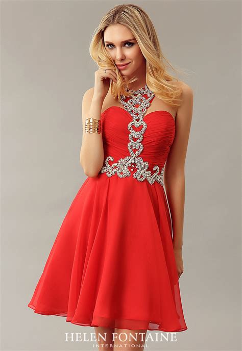 A Line Beaded Chiffon Short Red Graduation Dresses Halter Open Back