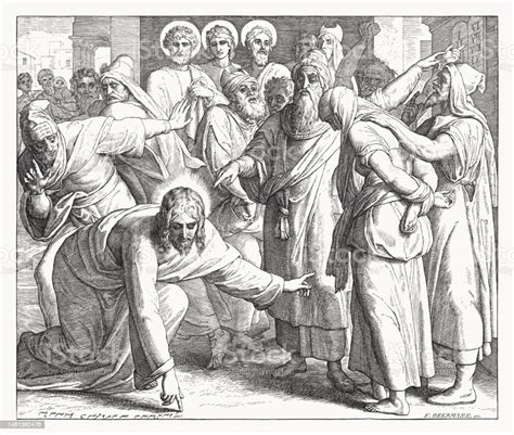 Jesus And The Adulteress Woodcut Published 1860 Stock Illustration