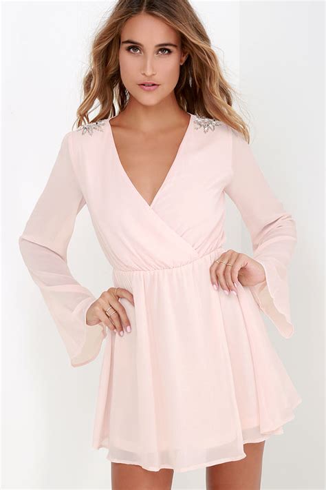 Blush Pink Dress Beaded Dress Wrap Dress Long Sleeve Dress Lulus