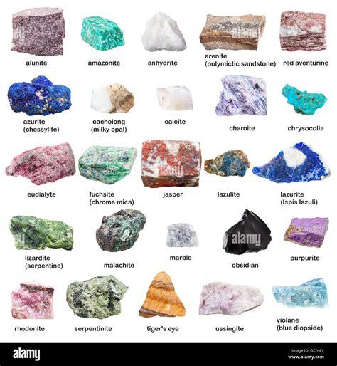 Various Raw Decorative Gemstones And Minerals With Names Isolated On