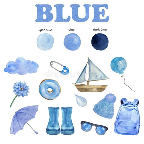Watercolor Blue Color Objects For Learning Kids Things That Are Blue