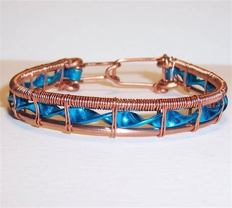 Handmade Copper Wire Wrapped Cuff Bracelet With Turquoise Colored