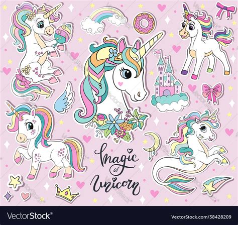 Sticker Pack Cute Cartoon Unicorns Royalty Free Vector Image