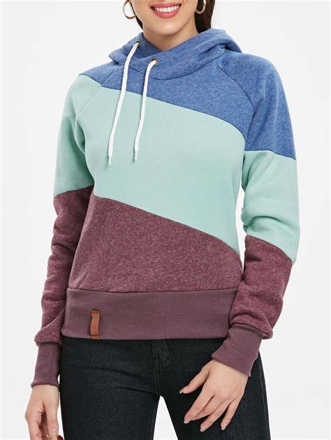 [25 off] casual color block long sleeves hoodie for women rosegal
