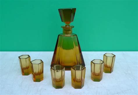 Art Deco Czech Glass Liquor Decanter Set Moser Amber W 6 Shot Glasses C1930 £196 24 Picclick Uk