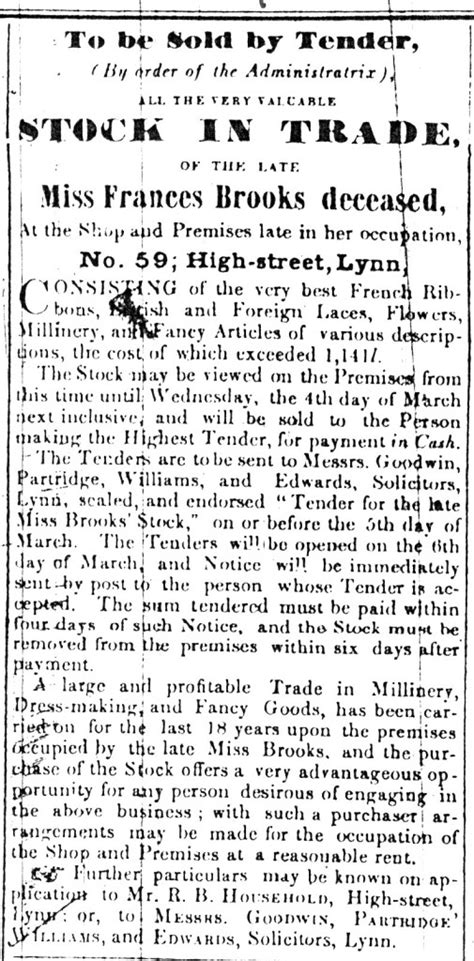 1846 Feb 28th Miss Frances Brookes Kings Lynn History